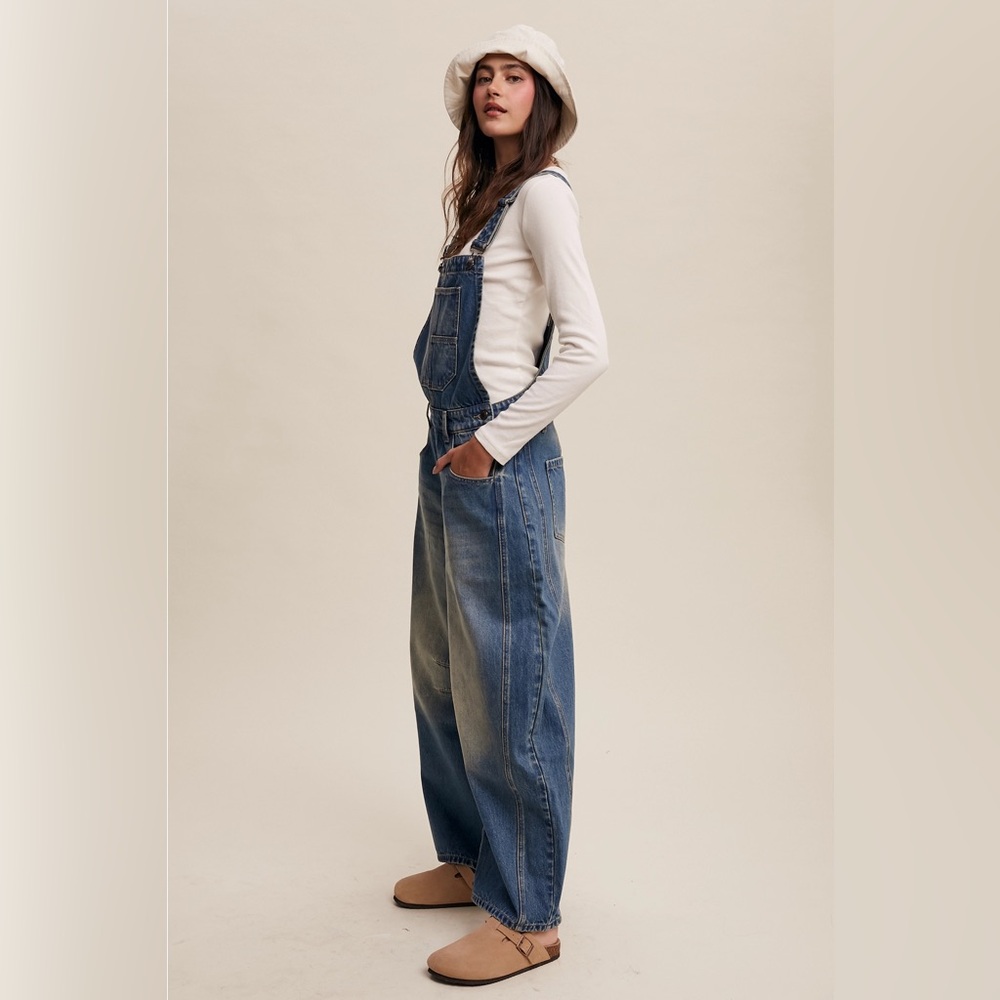 Listicle Blue Denim Wide-Leg Overalls #1 - Picture 2 of 6